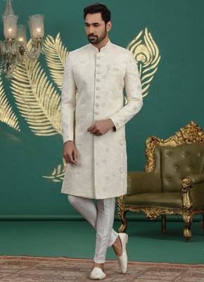 cream computer thread work on art silk sherwani for men  1