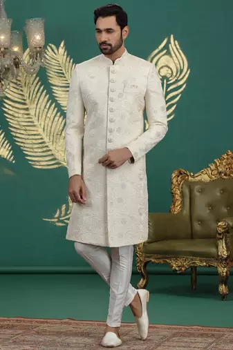 cream computer thread work on art silk sherwani for men 