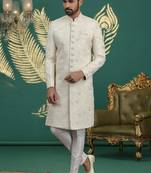 cream computer thread work on art silk sherwani for men 