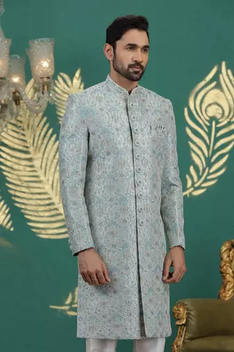 firozi green computer thread work on art silk sherwani for men 