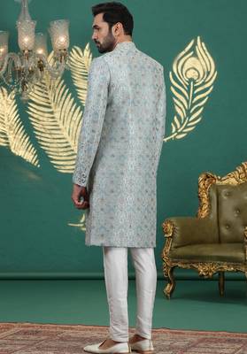 firozi green computer thread work on art silk sherwani for men  4