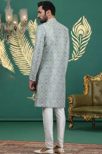 firozi green computer thread work on art silk sherwani for men 