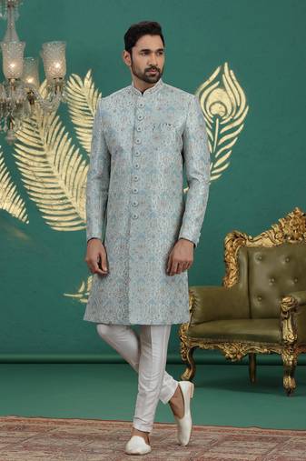 firozi green computer thread work on art silk sherwani for men 