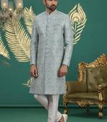firozi green computer thread work on art silk sherwani for men 
