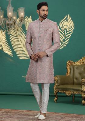 pink computer thread work on art silk sherwani for men  1