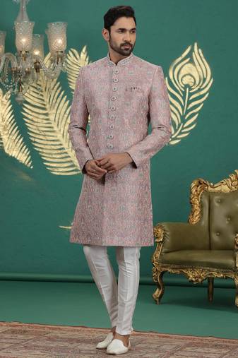 pink computer thread work on art silk sherwani for men 