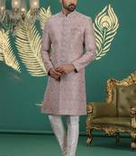 pink computer thread work on art silk sherwani for men 