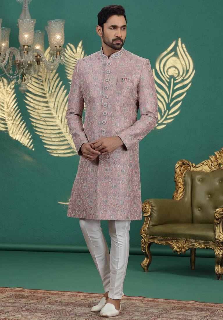 pink computer thread work on art silk sherwani for men 