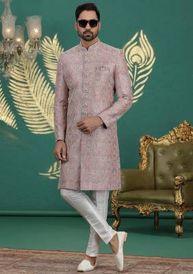 pink computer thread work on art silk sherwani for men  2