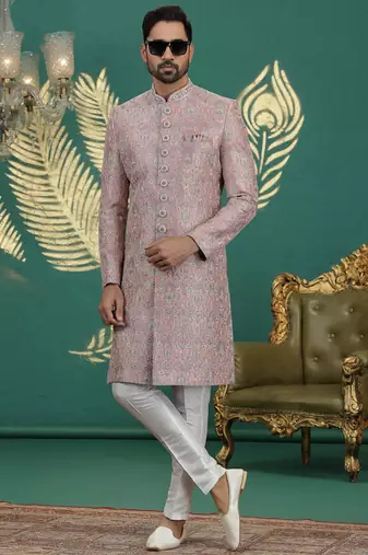 pink computer thread work on art silk sherwani for men 