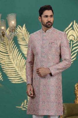 pink computer thread work on art silk sherwani for men  3