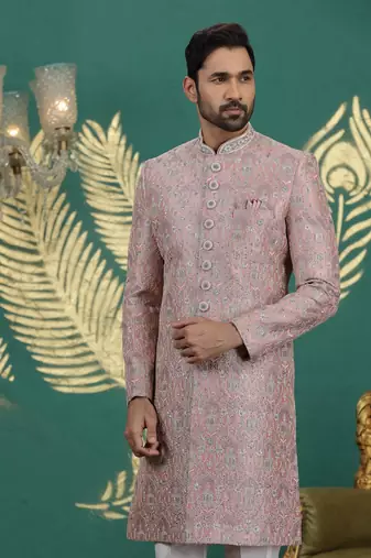 pink computer thread work on art silk sherwani for men 