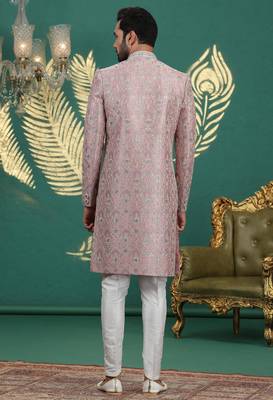 pink computer thread work on art silk sherwani for men  4