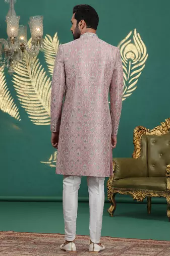 pink computer thread work on art silk sherwani for men 