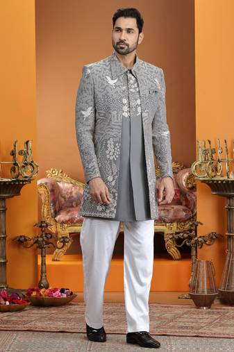 grey computer thread work on art silk 3 peice indo western set for men 