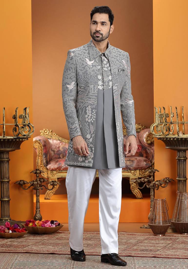 grey computer thread work on art silk 3 peice indo western set for men 