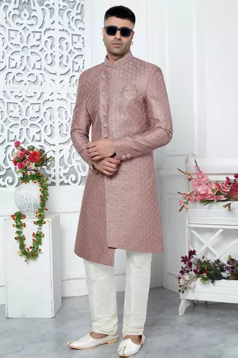 onion pink computer thread work on art silk sherwani for men 