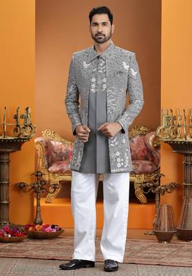 grey computer thread work on art silk 3 peice indo western set for men  2