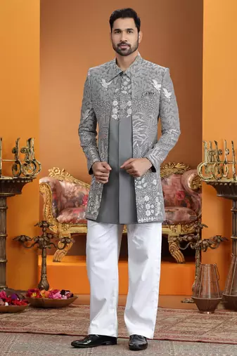 grey computer thread work on art silk 3 peice indo western set for men 