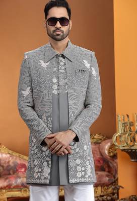 grey computer thread work on art silk 3 peice indo western set for men  3