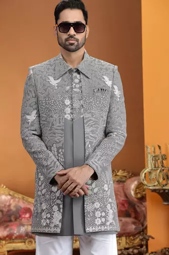 grey computer thread work on art silk 3 peice indo western set for men 