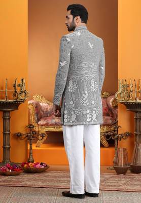 grey computer thread work on art silk 3 peice indo western set for men  4