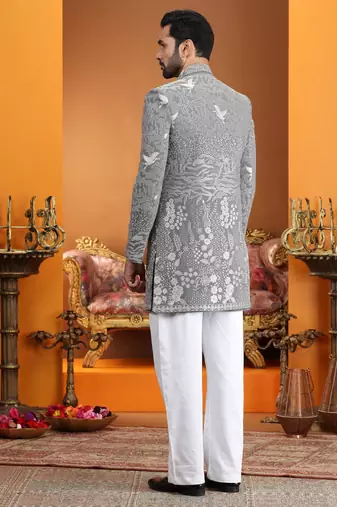 grey computer thread work on art silk 3 peice indo western set for men 