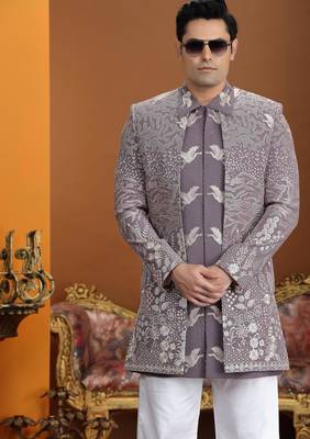 purple computer thread work on art silk 3 peice indo western set for men  2