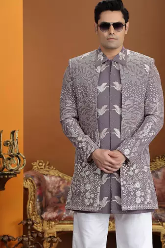 purple computer thread work on art silk 3 peice indo western set for men 
