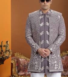 purple computer thread work on art silk 3 peice indo western set for men 