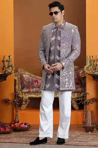 purple computer thread work on art silk 3 peice indo western set for men 