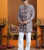 purple computer thread work on art silk 3 peice indo western set for men 