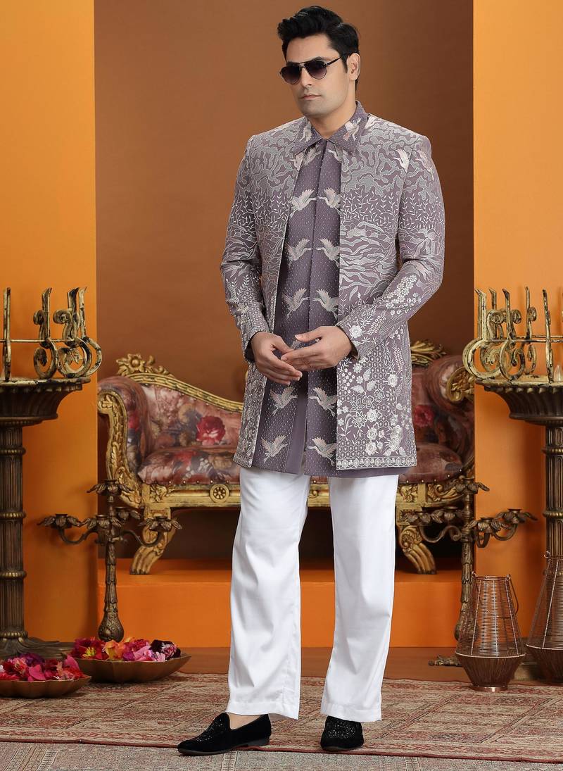 purple computer thread work on art silk 3 peice indo western set for men 