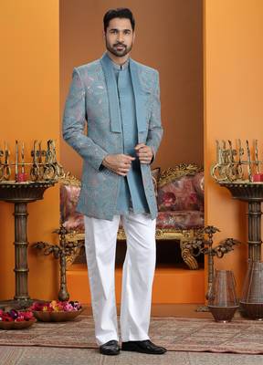 blue computer thread work on art silk 3 peice indo western set for men  1