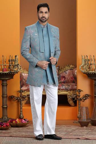 blue computer thread work on art silk 3 peice indo western set for men 