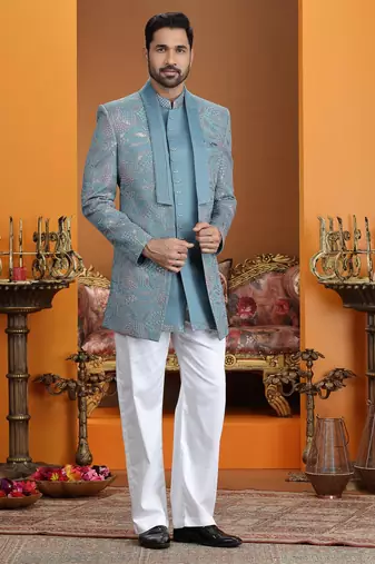 blue computer thread work on art silk 3 peice indo western set for men 