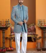 blue computer thread work on art silk 3 peice indo western set for men 