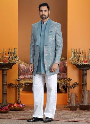 blue computer thread work on art silk 3 peice indo western set for men  2