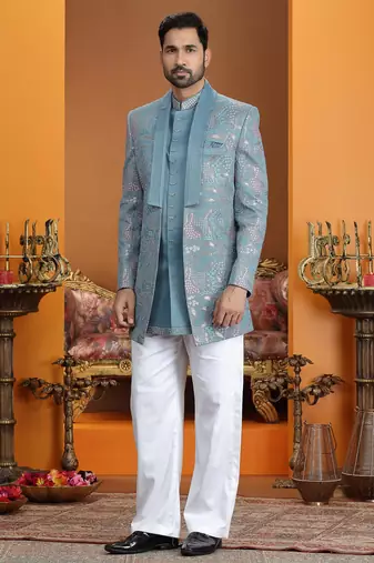 blue computer thread work on art silk 3 peice indo western set for men 