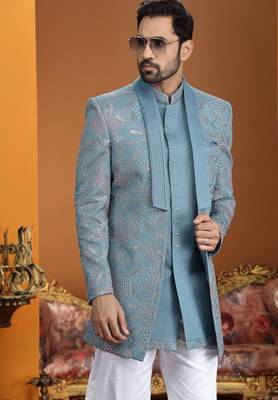 blue computer thread work on art silk 3 peice indo western set for men  3