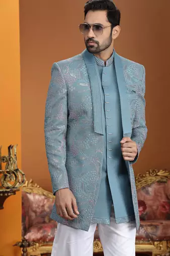 blue computer thread work on art silk 3 peice indo western set for men 