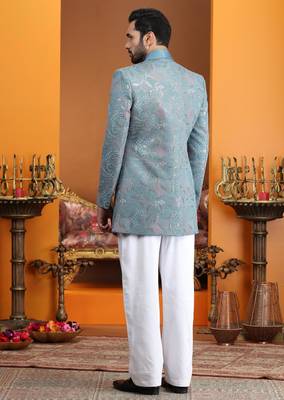 blue computer thread work on art silk 3 peice indo western set for men  4