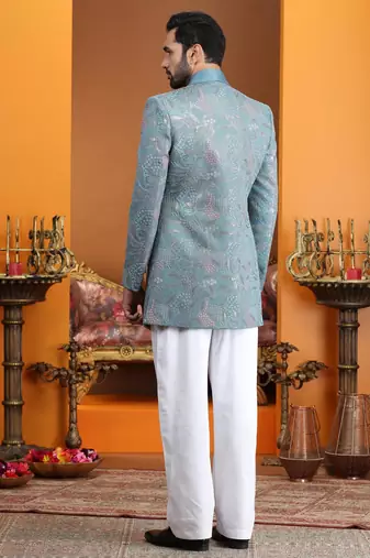 blue computer thread work on art silk 3 peice indo western set for men 