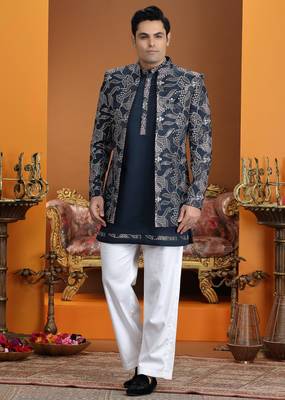blue computer thread work on art silk 3 peice indo western set for men  1