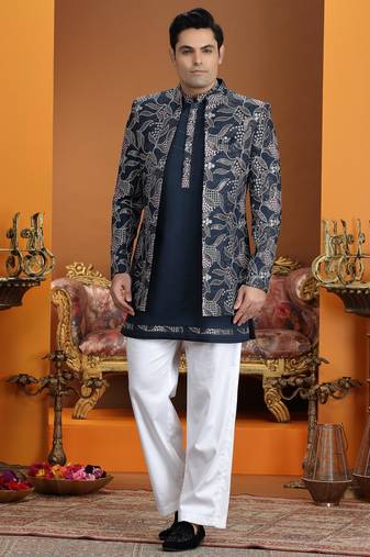 blue computer thread work on art silk 3 peice indo western set for men 