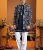 blue computer thread work on art silk 3 peice indo western set for men 