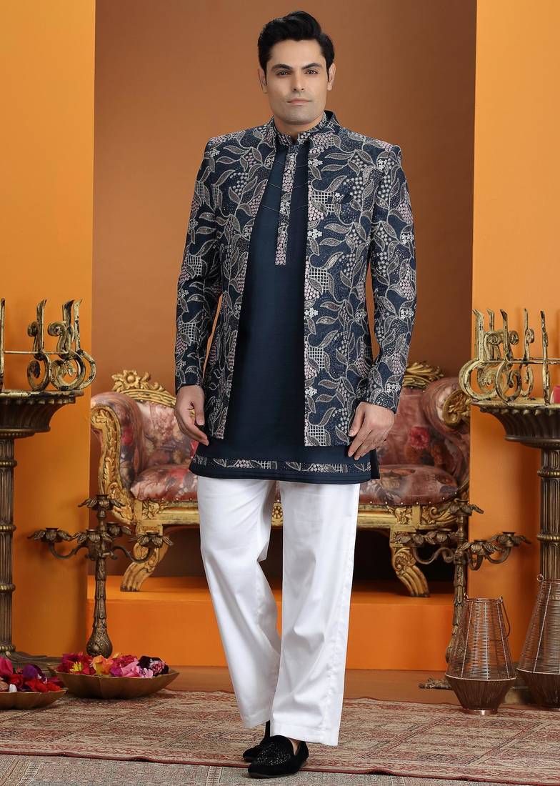 blue computer thread work on art silk 3 peice indo western set for men 