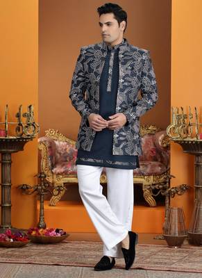 blue computer thread work on art silk 3 peice indo western set for men  2