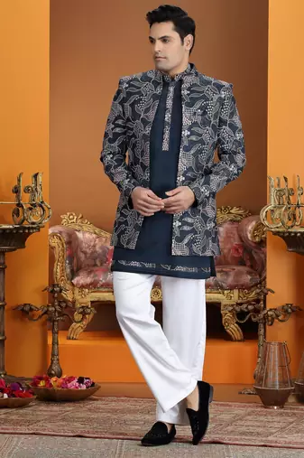 blue computer thread work on art silk 3 peice indo western set for men 