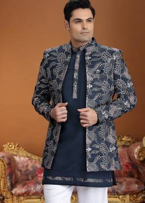 blue computer thread work on art silk 3 peice indo western set for men  3